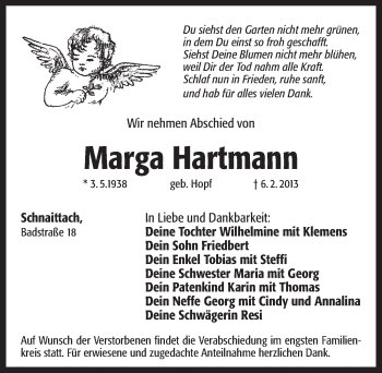 Traueranzeige von Marga Hartmann von Pegnitz-Zeitung